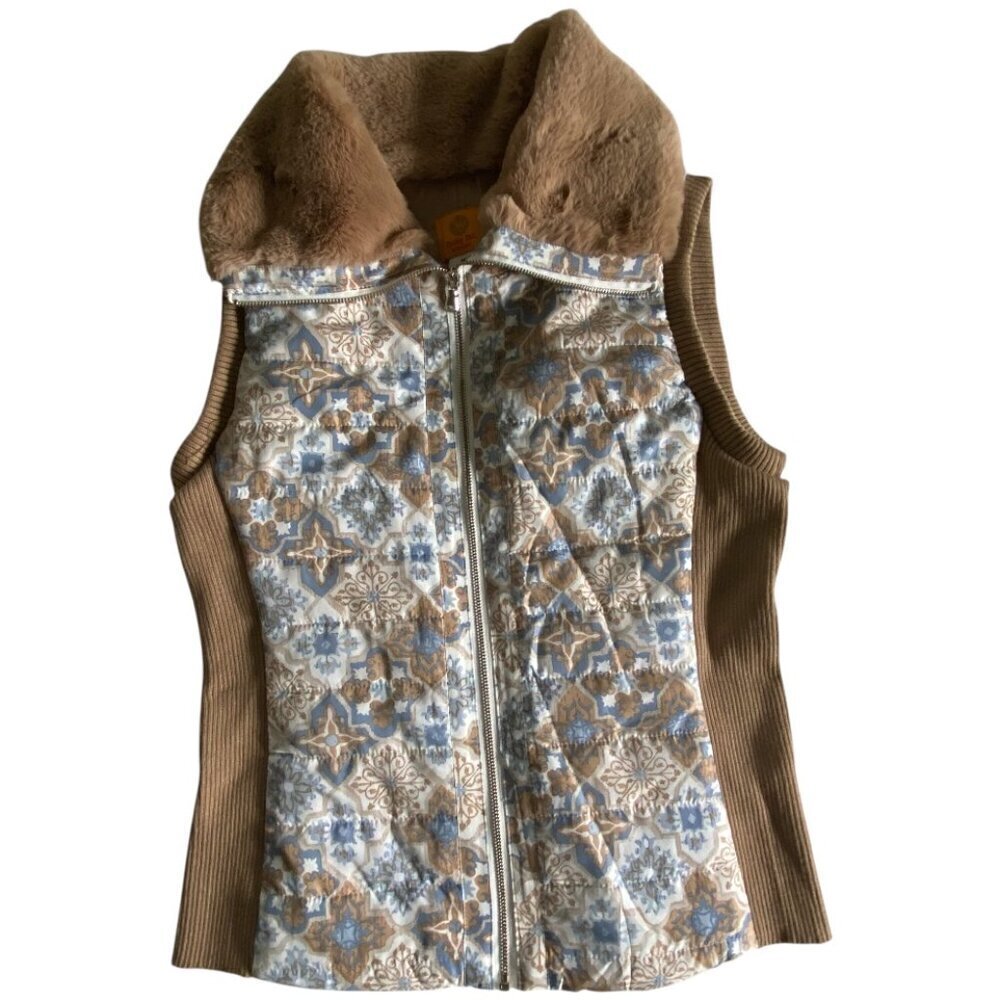 Ruby Rd Mosaic Faux Fur Collar Zip Up Vest Sz M